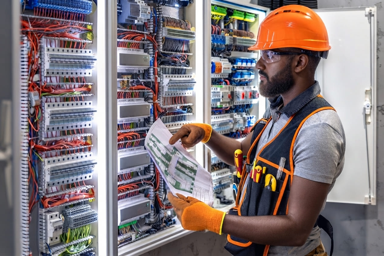 Expert Power engineers at an industrial electrical installation site